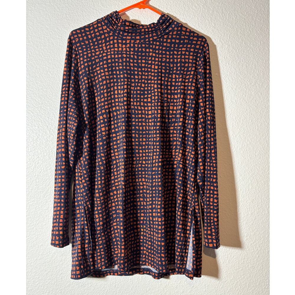 Susan Graver Size L Liquid Knit Long Sleeve Navy Blue Orange Mock Neck Top